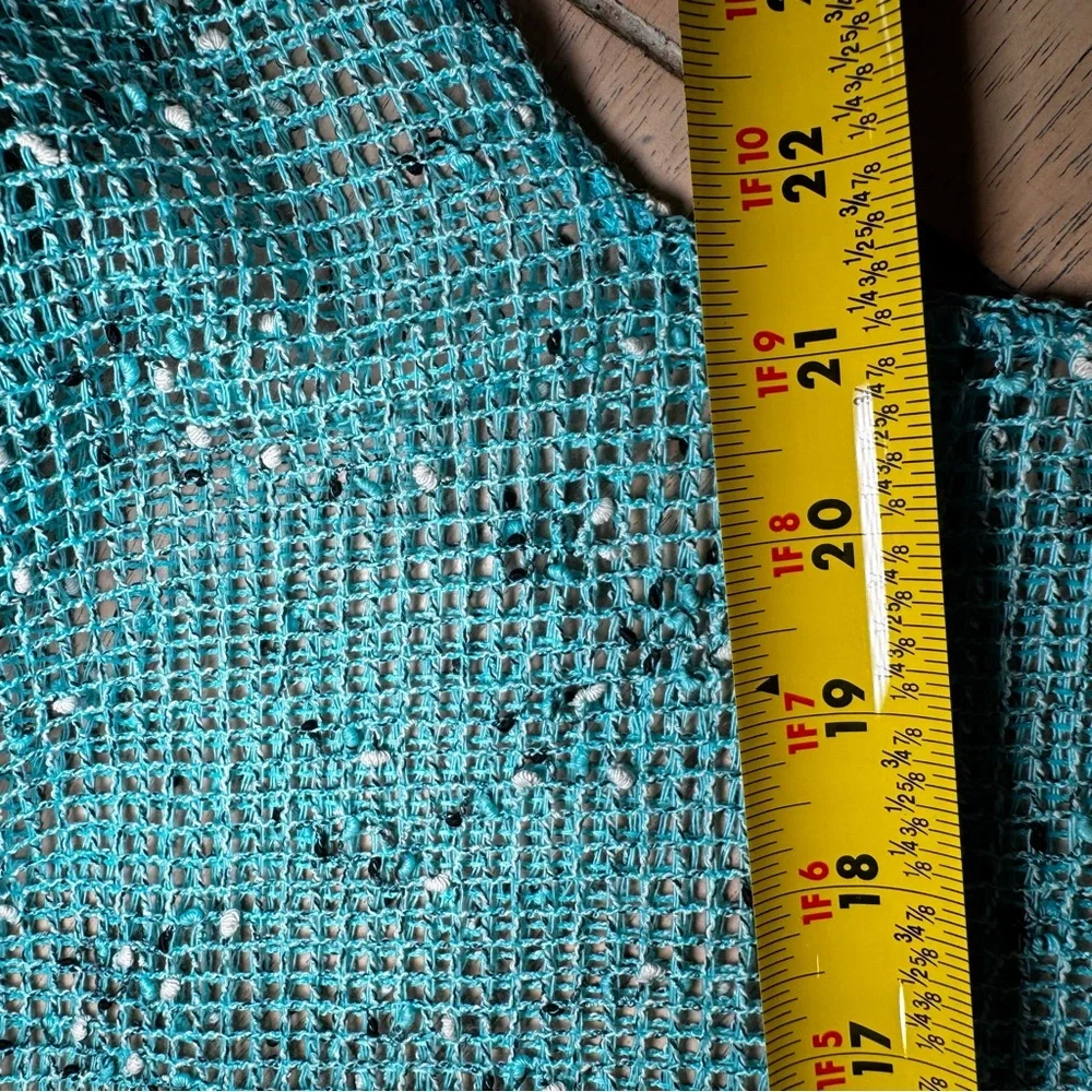 LULU B Sz Large Aqua‎ Mesh Short Sleeve Oversized Cardigan w/Huge Buttons Beachy